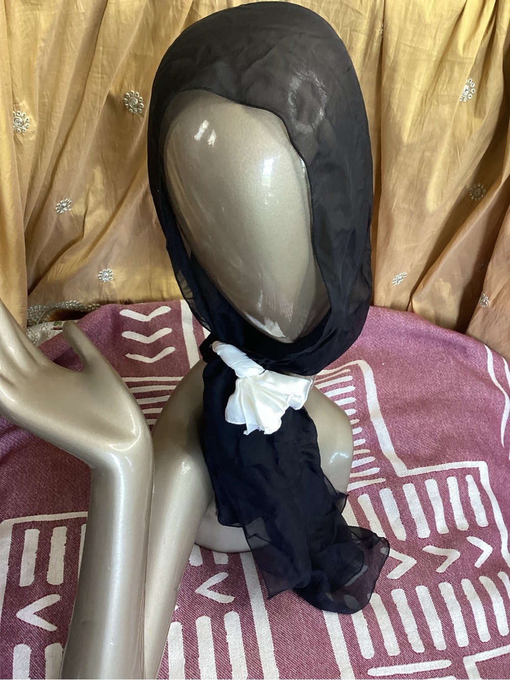 Nordstrom Black Sheer Silk Scarf with White Floral Knot Detail